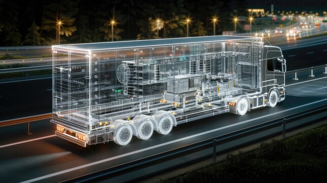 A semi-truck drives on a digital highway with a wireframe design, symbolizing the future of transportation