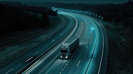 A semi-truck drives on a digital highway with a wireframe design, symbolizing the future of transportation