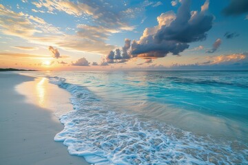 the sun is setting over the water at the beach