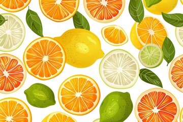 Vibrant pattern featuring various citrus fruits including lemons, limes, and oranges with green leaves