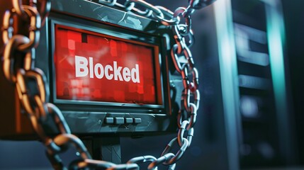 A computer screen with a "Blocked" message and chains around it, symbolizing restricted internet access