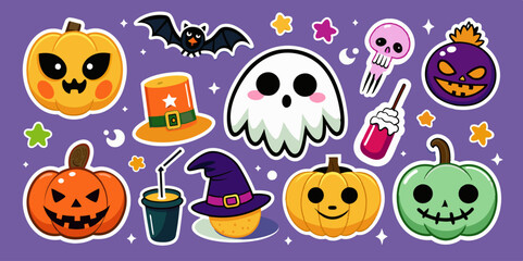 Naklejka premium Halloween stickers with different facial expressions on purple background