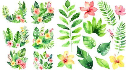 pattern with flowers Watercolor of Tropical spring floral green leaves and flowers s isolated on transparent png background, bouquets greeting or wedding card decoration