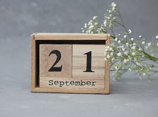 Wooden calendar with the date September 21 and gypsophila flowers on a gray concrete background