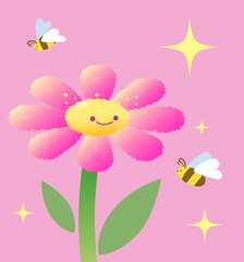 Illustration of Bees Pollinating pink Flowers on a pink Background - Spring and Summer Nature Scene