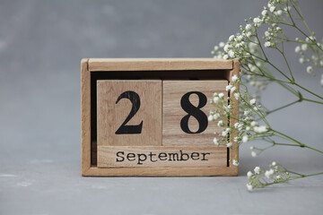 Wooden calendar with the date September 28 and gypsophila flowers on a gray concrete background