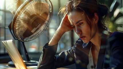 Fototapeta premium A woman is sitting at a desk with a laptop and a fan blowing on her