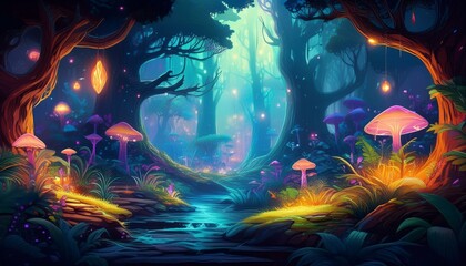 Enchanted forests with glowing plants, mythical creatures, and magical elements