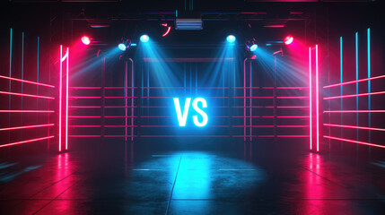 empty boxing ring with the word "VS" in lights between two columns on stage, red and blue neon light effects