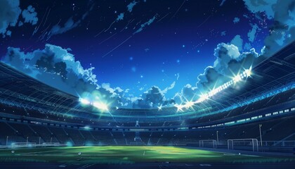 Sports stadium arena illuminated for a night game.