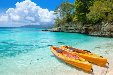 two kayaks on the shore of a tropical beach