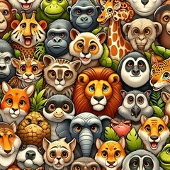Fototapeta premium Various jungle animals cartoon with expressive faces arranged in a crowded pattern. Animal cartoon. 