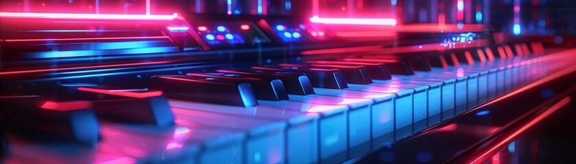 Neon-lit keyboard in a futuristic setting