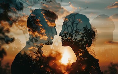 The double exposure image shows the silhouettes of a couple against the backdrop of beautiful nature during a sunset.