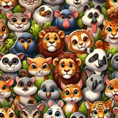 Fototapeta premium Various jungle animals cartoon with expressive faces arranged in a crowded pattern. Animal cartoon. 