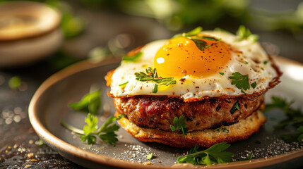 Close-up of gourmet breakfast sandwich with fried egg, sausage patty, and fresh parsley