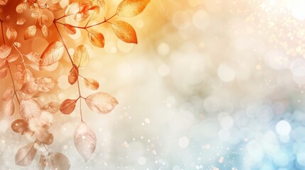 Fototapeta premium Elegant autumn foliage against a soft, blurred background with warm golden and cool blue hues, perfect for seasonal designs and artistic inspiration.
