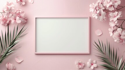 Elegant pink floral frame and palm leaves. Ideal for invitations, announcements or quotes. Aesthetically pleasing and minimalist design.