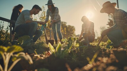 Farmers collaborating in a vibrant field, caring for crops in the sunshine, embracing sustainable farming