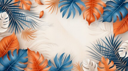 Vibrant tropical leaves in blue and orange frame a light background. Perfect for backgrounds, invitations, or seasonal designs.