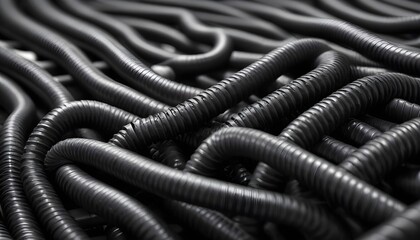 A collection of dark, flexible black hoses, suitable for use in an industrial, mechanical, or engineering background