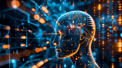 artificial Intelligence and Data science concept with digital human head in the style of futuristic, glowing data stream on background