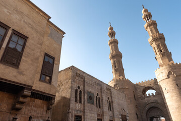 Minarets of Bab Zuweila one of the historical Fatimid Gates of Islamic Cairo in the Darb al Ahmar neighbourhood of the Egyptian capital