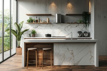 Kitchen with Minimalist Decor and Modern Appliances: A minimalist kitchen mockup featuring simple decor and modern appliances.