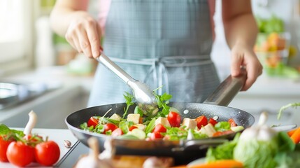 Naklejka premium A person cooking a healthy meal in a bright kitchen