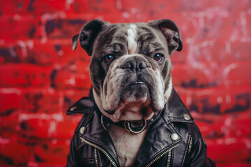 Funny punk bulldog in a leather jacket, heavy metal dog on a red brick wall