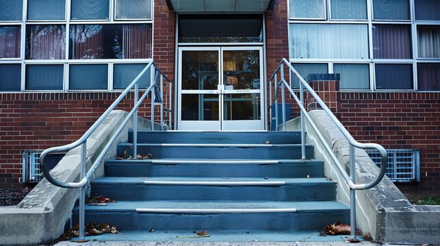A wheelchair ramp leading to an inaccessible building, highlighting the challenges faced by people with disabilities
