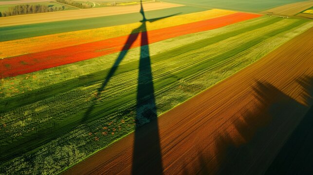 A wind turbine casting a long shadow over a field of flowers, symbolizing the promise of renewable energy