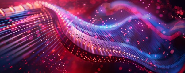Energetic neon-lit lever harp with glowing vibrant colors