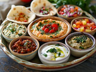 Delicious Middle Eastern Appetizers: A Platter of Hummus, Baba Ganoush, and Other Delights - Photo