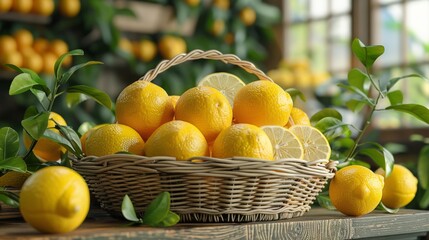 harvest of lemons in a basket in the garden. summer mood