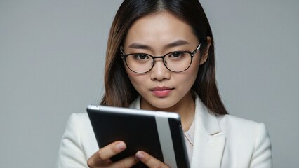 Fototapeta premium Image of young asian business woman female entrepreneur in glasses holding tablet and looking professional in glasses isolated on white background
