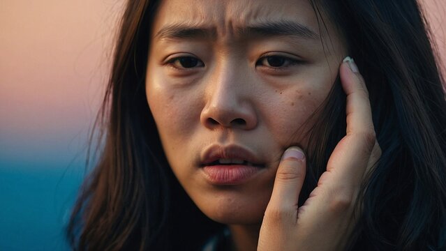Close up Portrait of asian young woman touching cheek and frowning, looking sad, being slapped in face, feeling painful toothache, standing over isolated on blue background
