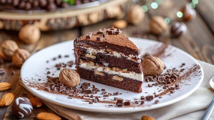 Chocolate with nuts and cake with white cream on a white plate