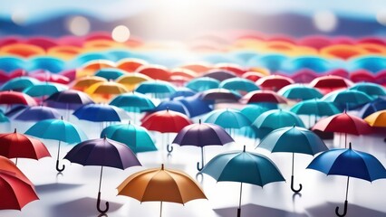 Abstract flowing waves with multicoloured umbrellas on white background with beautiful bokeh and with copy space 