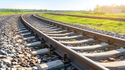A view down the middle of train tracks as they split at a crossing. The tracks are surrounded by gravel and grass