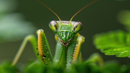High-resolution image capturing a green praying mantis in a tranquil garden, highlighting its body details and antennae amidst the richly colored green leaves.