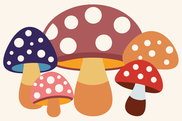 Amanita toadstools and brown boletus fungi dot the autumn forest grass