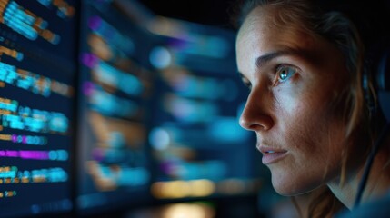 A cybersecurity analyst is monitoring a network on multiple screens filled with complex code, representing vigilance and high-level security efforts in digital space.