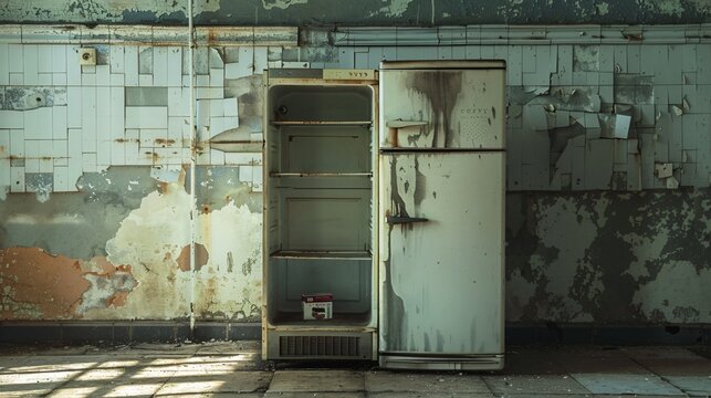 An empty fridge in a rundown kitchen, with a single milk carton inside, symbolizing food insecurity