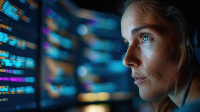 A cybersecurity analyst is monitoring a network on multiple screens filled with complex code, representing vigilance and high-level security efforts in digital space.
