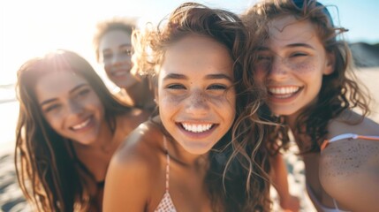 Fototapeta premium Photo of beautiful young woman and smiling friend posing at the beach, looking at the camera.