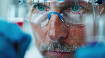 Researcher wearing blue gloves examines a sample with red liquid in a laboratory, reflecting the investigative and analytical processes in scientific and medical research.