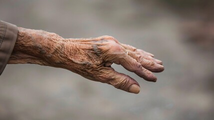An old, wrinkled hand reaching out for help, emphasizing the neglect and need for better elderly care