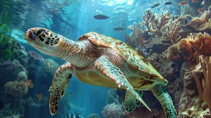 Obraz premium Majestic Green Sea Turtle in Cyprus Mediterranean Sea - Underwater Animal in Coral Reef Habitat