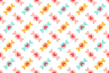 Candy seamless pattern. Sweet background with lollipop, sweets, caramel, colorful candies. Hand drawn trendy flat style yellow, pink and blue candies. Repeatable candy pattern. Vector illustration